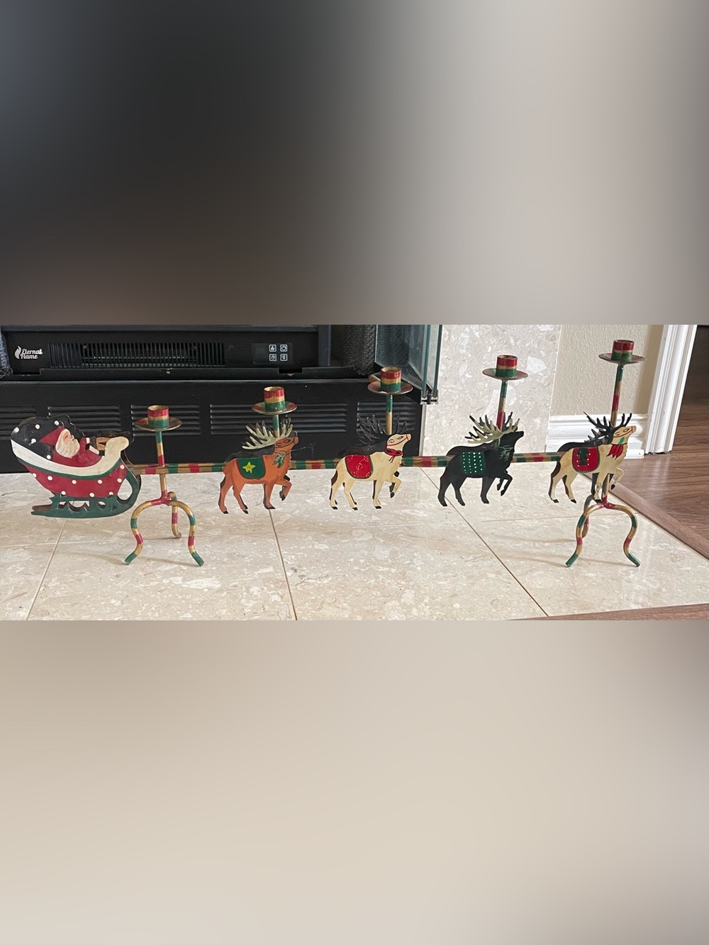 VTG Christmas 32” Metal Santa Clause Sleigh 8 Reindeers & 5 Taper Candles Holder